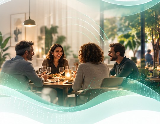 Grupo de amigos conversando em um jantar